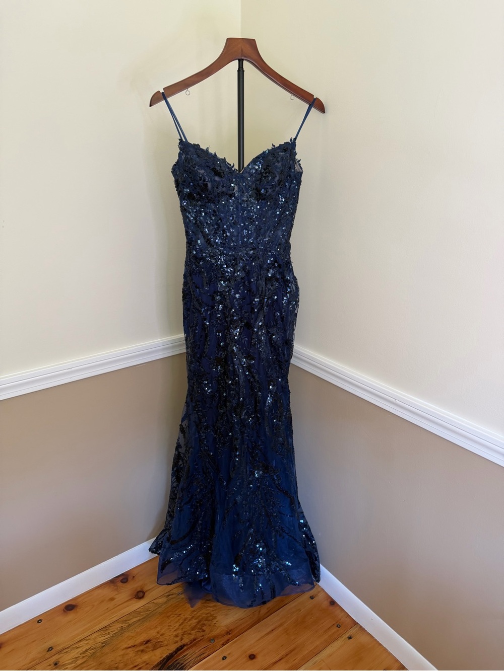 Sherri Hill Navy Sequin Spaghetti Strap Prom Gown